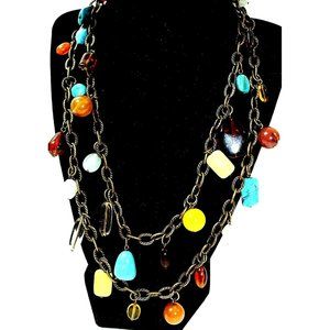 Multi Color Stone Bead Necklace Gold Tone Large Chain Link Antique Boho Style